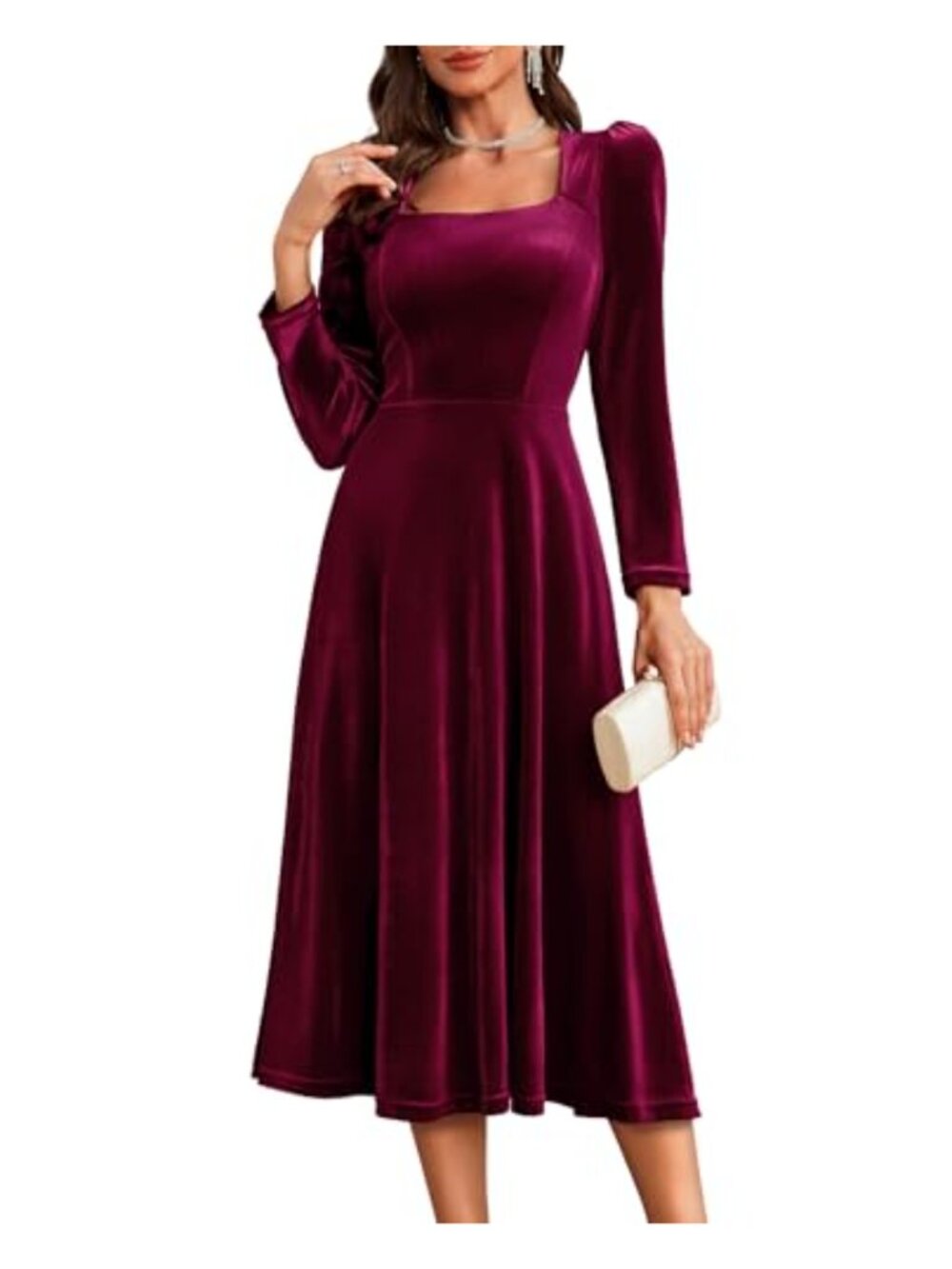 Velvet Long Sleeve Midi Dress Square Neck Formal Wedding Guest Cocktail Party